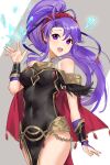  1girl armor bracelet breasts cape choker cleavage dress earrings fire_emblem fire_emblem:_genealogy_of_the_holy_war fire_emblem_heroes haru_(nakajou-28) highres jewelry long_hair looking_at_viewer ponytail purple_eyes purple_hair side_ponytail simple_background smile solo tailtiu_(fire_emblem) thighhighs 