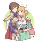  1boy 1girl aqua_eyes armor blonde_hair breastplate brown_eyes brown_hair cape closed_mouth commentary_request couple eyelashes faulds fire_emblem fire_emblem:_thracia_776 green_background haconeri head_wings heart jewelry leif_(fire_emblem) medium_hair nanna_(fire_emblem) necklace pauldrons red_cape short_hair shoulder_armor smile translation_request two-sided_cape two-sided_fabric two-tone_background two-tone_cape white_background white_cape wings 