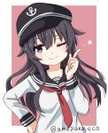  1girl ;) akatsuki_(kancolle) ame-rain arm_up black_hair black_sailor_collar hand_on_own_hip hat highres kantai_collection long_sleeves looking_at_viewer neckerchief one_eye_closed purple_eyes red_neckerchief sailor_collar simple_background smile solo star_(symbol) upper_body 