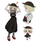  ! 1girl black_headwear black_skirt black_vest blonde_hair blush bow carbonara_hontyotyo closed_mouth collared_shirt hat hat_bow multiple_views open_mouth outstretched_arms red_bow red_eyes red_footwear rumia shirt shoes short_hair short_sleeves simple_background skirt smile socks spread_arms touhou twitter_username vest white_background white_shirt white_socks 