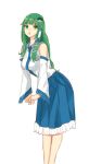  1girl bare_shoulders blue_skirt breasts collared_shirt commentary detached_sleeves feet_out_of_frame frilled_skirt frills frog_hair_ornament green_eyes green_hair hair_ornament highres kashiwada_kiiho kochiya_sanae leaning_forward long_hair looking_at_viewer medium_breasts open_mouth pleated_skirt shirt simple_background single_hair_tube skirt snake_hair_ornament solo touhou very_long_hair white_background white_shirt 
