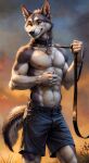 abstract_background absurd_res anthro bottomwear canid canid_demon canine canis clothing demon denim denim_bottomwear denim_clothing hellhound helluva_boss hi_res jeans leash male mammal muscular muscular_male pants solo unknown_artist vortex_(helluva_boss)