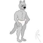 anthro canid canine canis clothed clothing domestic_dog fur grey_body grey_fur male mammal rasmodius simple_background solo tail underwear