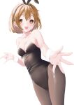  1girl :d absurdres animal_ears black_hairband black_leotard blush breasts brown_eyes brown_hair brown_legwear cleavage collarbone cowboy_shot daidai_gege fake_animal_ears hairband highres hirasawa_yui k-on! leotard looking_at_viewer open_mouth pantyhose playboy_bunny rabbit_ears reaching_out short_hair simple_background small_breasts smile solo standing strapless strapless_leotard white_background wrist_cuffs 