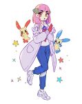  1girl :o absurdres blue_pants buttons coat collared_shirt commentary_request gloves hair_ornament hairclip highres lacey_(pokemon) leg_up looking_at_viewer medium_hair minun neckerchief oe_(vaew4523) open_clothes open_coat open_mouth pants pink_hair plusle pokemon pokemon_(creature) pokemon_sv red_gloves red_neckerchief shirt shoes single_glove star_(symbol) white_background white_footwear white_shirt x_arms 