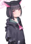  1girl 51likes absurdres animal_ears black_choker black_hair black_jacket blue_archive blush cat_ears choker closed_mouth colored_inner_hair extra_ears halo hands_in_pockets heart highres hood hood_down hooded_jacket jacket kazusa_(blue_archive) long_sleeves looking_at_viewer multicolored_hair pink_hair pink_halo red_eyes short_hair simple_background solo upper_body white_background 