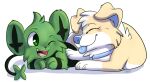 2017 alpha_channel ambiguous_gender blep canid canine claws collar duo ezpups feral fur generation_4_pokemon green_body green_eyes green_fur happy hi_res keeigo lying mammal nintendo on_front one_eye_closed open_mouth pokemon pokemon_(species) shinx simple_background tongue tongue_out transparent_background