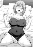  1boy 1girl absurdres bar_censor blush breasts censored cleavage closed_eyes clothing_aside collarbone commentary_request covered_navel covered_nipples cum cum_in_pussy greyscale hair_bun hetero highres inanaki_shiki lying mature_female monochrome navel on_back on_bed one-piece_swimsuit open_mouth pillow school_swimsuit sex single_hair_bun sweat swimsuit swimsuit_aside teeth tongue tongue_out vaginal yahari_ore_no_seishun_lovecome_wa_machigatteiru. yuigahama_yui&#039;s_mother 