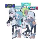  2boys 2girls black_pants blue_hair closed_mouth eyebrow_cut fingerless_gloves gloves green_hair headphones highres inkling inkling_girl inuyama_(inuhill) long_hair long_sleeves looking_at_viewer mole mole_under_eye multiple_boys multiple_girls octoling octoling_boy one_eye_closed open_clothes open_mouth pants pointy_ears purple_eyes round_eyewear shorts smile splatoon_(series) torn_clothes torn_pants white_background 