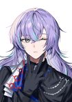  1boy black_gloves black_jacket blue_hair frown gloves hand_up highres hoshirube_sho jacket light_blue_hair long_hair looking_to_the_side male_focus miyukiyo multicolored_eyes multicolored_hair nijisanji one_eye_closed profile purple_hair solo streaked_hair transparent_background v virtual_youtuber 