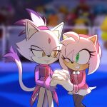  2girls amy_rose animal_ears blaze_the_cat cat_ears cat_girl cat_tail forehead_jewel furry furry_female gloves green_eyes hedgehog_girl holding_hands multiple_girls one_eye_closed pants ponytail sketch smile softyleonita sonic_(series) tail white_gloves white_pants yellow_eyes 