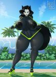 absurd_res anthro areola bikini biped black_body black_fur bone breasts canid canine clothed clothing female footwear fur hi_res high_heels lac mammal nipples revifrry scp-1471 scp-1471-a scp_foundation skull skull_head sling_bikini solo swimming_pool swimwear thick_thighs water