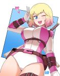  1girl belt blonde_hair blue_eyes bowieknife breasts brown_belt from_below gwenpool katana large_breasts leotard looking_at_viewer marvel medium_hair multicolored_hair one_eye_closed open_mouth pink_hair pink_leotard smile solo sword thigh_belt thigh_strap v weapon 