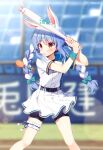  1girl animal_ears bangs baseball_bat baseball_bat_hair_ornament bike_shorts black_shorts blue_bow blue_hair blurry blurry_background blush bow braid commentary_request day depth_of_field extra_ears eyebrows_visible_through_hair feet_out_of_frame grin hair_between_eyes hair_bow hands_up holding holding_baseball_bat hololive mauve multicolored_hair outdoors pleated_skirt rabbit_ears red_eyes shirt short_eyebrows short_shorts short_sleeves shorts shorts_under_skirt skirt smile solo standing sweatband thick_eyebrows twin_braids twintails two-tone_hair usada_pekora virtual_youtuber white_hair white_shirt white_skirt wristband 