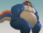 anthro beard belly claws clothed clothing crouching dragon eastern_dragon facial_hair fur hi_res male manly mature_male multicolored_body navel obese obese_male orange_body orange_fur overweight overweight_male solo sulviez tail teeth thick_thighs underwear underwear_only