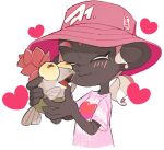  1girl a_a2001214 blush closed_eyes closed_mouth dark-skinned_female dark_skin hat heart highres medium_hair octoling octoling_girl pink_headwear pink_shirt print_shirt shirt simple_background smallfry_(splatoon) splatoon_(series) splatoon_3 tentacle_hair upper_body white_background 