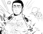  ! 1boy bara bare_pectorals beard blush buzz_cut chest_hair commentary_request dog facial_hair golden_kamuy greyscale kaniharu large_pectorals long_sideburns male_focus mature_male monochrome multiple_views muscular muscular_male nipples open_clothes open_shirt pectoral_focus pectorals ryu_(golden_kamuy) short_hair sideburns spoken_exclamation_mark tanigaki_genjirou thick_eyebrows translation_request very_short_hair 