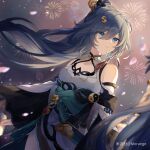  1girl artist_name bare_shoulders bird_hair_ornament blue_eyes blue_hair cherry_blossoms china_dress chinese_clothes chinese_commentary cleavage_cutout closed_mouth clothing_cutout detached_sleeves dress earrings fireworks flower fu_hua fu_hua_(azure_empyrea) grey_hair hair_ornament hair_over_one_eye hairpin hanfu high_ponytail highres honkai_(series) honkai_impact_3rd jewelry light_smile long_hair morange night paintbrush paintbrush_hair_ornament pink_flower pleated_sleeves ponytail shoulder_cutout single_earring solo tassel tassel_earrings upper_body very_long_hair white_dress wide_sleeves yin_yang 