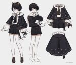  1boy animal animal_ears black_hair black_shorts boy_dearboys closed_mouth fur_trim highres holding holding_animal long_sleeves male_focus multiple_views sailor_collar short_hair shorts smile socks tail white_socks 