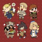  &gt;_&lt; 3boys 3girls ? animal_ears armor black_eyes blonde_hair boned_meat brown_hair cat_ears cat_girl cat_tail chibi chilchuck_tims closed_eyes closed_mouth commentary disgust dungeon_meshi dwarf elf fake_horns falin_thorden food halfling helmet highres holding holding_food horned_helmet horns izutsumi jupiterweathers laios_thorden long_hair marcille_donato meat multiple_boys multiple_girls open_mouth pointy_ears red_background senshi_(dungeon_meshi) short_hair simple_background smile spoken_expression standing tail yellow_eyes 
