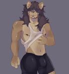 anthro black_mane bottomwear breasts brown_hair bulge clothed clothing clothing_lift ears_up felid fur hair hair_over_eyes hand_on_breast hi_res hoodie lion male mammal mane multicolored_body multicolored_fur muscular muscular_male nipples pantherine pecs_touching robukko shirt shorts simple_background solo solo_focus tank_top tongue tongue_out topwear white_clothing white_shirt white_tank_top white_topwear