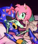  1boy 1girl alternate_costume amy_rose animal_ears animal_nose bow commentary_request dress earrings furry furry_female gloves green_eyes heart heart_earrings highres jewelry kneeling korean_commentary looking_at_viewer metal_sonic mojunpwo on_bed open_mouth pink_bow red_eyes robot sitting smile sonic_(series) star_(symbol) sticker 