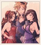  1boy 2girls :t aerith_gainsborough bangs black_hair blonde_hair bow bra breast_envy breasts brown_hair bubble_tea bubble_tea_challenge cleavage cloud_strife commentary crescent crescent_earrings crossdressing cup disposable_cup dress drinking_straw drinking_straw_in_mouth earrings english_commentary final_fantasy final_fantasy_vii final_fantasy_vii_remake frilled_sleeves frills gusty10rk hair_bow highres jewelry large_breasts looking_afar looking_at_another medium_breasts multiple_girls object_on_breast official_alternate_costume purple_dress red_dress spiked_hair strapless strapless_bra swept_bangs tifa_lockhart tifa_lockhart&#039;s_refined_dress underwear 
