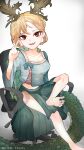  1girl antlers barefoot blonde_hair blue_shirt dragon_girl dragon_horns dragon_tail highres horns kicchou_yachie looking_at_viewer red_eyes shirt short_hair simple_background smile square_neckline suarokin tail touhou turtle_shell 