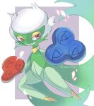  artist_name aura blue_flower blue_rose cape closed_mouth colored_skin commentary_request flower green_cape green_skin grey_background highres iwasi_29 pokemon pokemon_(creature) red_eyes red_flower red_rose rose roserade smile twitter_username two-tone_background white_background white_hair 