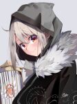  1girl birdcage black_cloak blush breasts cage cloak fate/kaleid_liner_prisma_illya fate_(series) fur-trimmed_cloak fur_trim gray_(fate) grey_hair highres hood hooded_cloak illyasviel_von_einzbern long_hair long_sleeves looking_at_viewer lord_el-melloi_ii_case_files magical_ruby pei_iriya red_eyes sidelocks small_breasts smile 