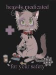 bell bell_collar blood bodily_fluids bruised_eye chain chained collar cuff_(restraint) domestic_cat drugs english_text felid feline felis feral handcuffed handcuffs hi_res mammal metal_cuffs nose_bandage pills puyoapple restraints text