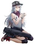  1girl assault_rifle boots brown_eyes cup g11_(girls&#039;_frontline) girls&#039;_frontline green_headwear grey_hair gun h&amp;k_g11 hat highres holding holding_cup kitsune_udon_(ai_br) long_hair looking_at_viewer messy_hair rifle seiza sitting smile solo weapon white_background 