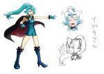  1girl blue_bodysuit blue_eyes blue_gloves blue_hair bodysuit boots cape choker clair_(pokemon) clenched_hand erushiza gloves high_heel_boots high_heels multiple_views open_mouth pokemon pokemon_hgss ponytail smile v-shaped_eyebrows 