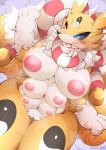 6_breasts anthro areola bandai_namco blue_eyes blush breasts canid canine digimon digimon_(species) female fur genitals hinata_sakamoto kyubimon mammal multi_breast multi_tail nipples nude pussy smile solo tail yellow_body yellow_fur