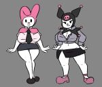 2d_(artwork) anthro big_breasts bottomwear breasts cleavage clothed clothing dafuol digital_drawing_(artwork) digital_media_(artwork) domestic_rabbit duo duo_focus dwarf_rabbit female female/female footwear group high_heels hoodie kuromi lagomorph leporid mammal miniskirt mostly_nude my_melody necktie onegai_my_melody oryctolagus rabbit sanrio simple_background skimpy skirt thick_thighs topwear unbuttoned unbuttoned_shirt vest wide_hips