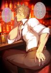  1boy alcohol ass back bangs bara belt black_pants blonde_hair blush chest_hair closed_mouth drink drunk hand_on_own_ass hand_on_own_cheek hand_on_own_face hand_rest highres jewelry looking_back male_focus muscular muscular_male original pants purple_eyes ring shirt short_hair sideburns sitting smile solo suspenders translated waku_(ayamix) white_shirt 