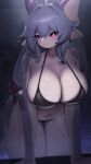 &lt;3 absurd_res anthro biped breasts cleavage clothed clothing dragon female hair hi_res navel omeki pink_eyes purple_body purple_hair smile solo