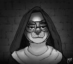 anthro bedroom_eyes bite biting_lip brick_wall bust_portrait canid canine canis coyote detailed_background eyewear female glasses greyscale hi_res kenzie_keener looking_at_viewer mammal markings mole_(marking) monochrome narrowed_eyes nun nun_habit nun_outfit oneflymagpie portrait seductive smile smiling_at_viewer smirk smirking_at_viewer smug solo teeth veil wall_(structure)