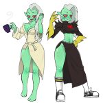 2019 5_fingers alien alien_humanoid bathrobe big_breasts bottomwear breasts cleavage clothed clothing disney eyebrows female fingers footwear gloves green_body green_skin hair half-closed_eyes hand_on_hip hand_on_own_hip handwear hi_res humanoid humanoid_pointy_ears long_hair lonlon lord_dominator midriff mug narrowed_eyes navel noseless not_furry open_mouth pink_sclera red_eyes robe shoes simple_background socks solo standing teeth tongue topwear wander_over_yonder white_background white_hair wide_hips