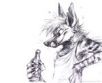 anthro beverage black_nose clothed clothing fangs hair holding_beverage holding_object kenket male monochrome simple_background solo standing teeth tongue