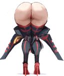  1girl anus anus_peek ass ass_focus bent_over black_hair boots english_commentary from_behind frontbend high_heel_boots high_heels highres kill_la_kill matoi_ryuuko meme multicolored_hair no_lady_on_twitter_can_recreate_this_(meme) own_hands_together panties partially_visible_vulva rakeemspoon red_hair red_panties senketsu simple_background solo standing steepled_fingers streaked_hair sweatdrop thigh_boots thong underwear white_background 