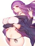  1girl :t alternate_breast_size black_coat black_robe blunt_bangs breasts coat covered_nipples fern_(sousou_no_frieren) floating_clothes floating_hair fumio_(rsqkr) highres large_breasts long_hair looking_at_viewer navel pout purple_eyes purple_hair robe simple_background sousou_no_frieren straight_hair thick_thighs thighs very_long_hair white_background 