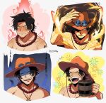  1boy absurdres alcohol angry bead_necklace beads beer black_hair closed_eyes cowboy_hat embarrassed fire freckles hat highres jewelry kameoka908 laughing log_pose male_focus necklace one_piece portgas_d._ace smile solo tattoo topless_male 