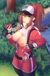  1girl backpack bag baseball_cap belt black_gloves blue_eyes blurry blurry_background breasts brown_hair bush choker closed_mouth clothes_lift commentary cropped_jacket day depth_of_field english_commentary eyebrows_visible_through_hair eyes_visible_through_hair female_protagonist_(pokemon_go) fingerless_gloves gloves hat highres holding holding_poke_ball jacket kazu-koto leggings long_hair looking_at_viewer medium_breasts nipples no_bra open_clothes open_jacket outdoors poke_ball pokemon pokemon_(game) pokemon_go ponytail red_choker red_jacket red_shorts shirt shirt_lift shorts solo standing tongue tongue_out water white_shirt 