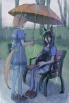  2girls absurdres animal_ears animal_on_lap bag bench black_hair brown_footwear brown_hair cat cat_on_lap hair_between_eyes hairband highres holding holding_umbrella horse_ears horse_girl horse_tail long_hair looking_at_another manhattan_cafe_(umamusume) multiple_girls on_lap outdoors purple_shirt purple_skirt rain school_bag school_uniform shirt shoes short_hair sitting skirt standing subaru_(user_tmwv7722) tail tail_through_clothes thighhighs tracen_school_uniform tree umamusume umbrella wet wet_clothes wet_hair yukino_bijin_(umamusume) 