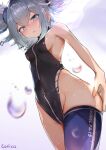  1966 1girl absurdres artist_name blue_eyes blue_hair blush breasts canizzz character_name dutch_angle girls&#039;_frontline hand_on_own_thigh highres lens_flare leotard mixed-language_commentary open_mouth pa-15_(girls&#039;_frontline) short_hair simple_background single_thighhigh small_breasts solo sweatdrop thighhighs water_drop white_background 