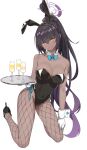  1girl absurdres animal_ears aqua_bow bangs bare_shoulders black_footwear black_hair black_hairband black_leotard blue_archive blue_bow blue_bowtie blush bow bowtie bowtie_removed breasts cleavage closed_mouth commentary cup dark-skinned_female dark_skin detached_collar drinking_glass eyebrows_visible_through_hair fake_animal_ears fishnet_legwear fishnets full_body gloves hair_between_eyes hairband halo high_heels highres holding holding_tray karin_(blue_archive) kneeling large_breasts leotard long_hair looking_at_viewer looking_back number_tattoo playboy_bunny ponytail rabbit_ears shoulder_tattoo simple_background solo strapless strapless_leotard symbol-only_commentary tamago_(eva1314056) tattoo tray very_long_hair white_background white_gloves wrist_cuffs yellow_eyes 