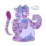 accessory anthro belly big_belly body_hair chocopaws2 dialogue digital_media_(artwork) english_text felid feline felis fur hair happy_trail headband looking_at_viewer male mammal navel nipples nude null nya_pose open_mouth overweight overweight_male pantherine purple_body purple_fur purple_hair smile solo stripes tail teeth text tiger tuft x_navel yellow_sclera