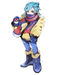  1boy absurdres blue_footwear blue_mittens blue_pants blue_scarf boots bright_pupils commentary eyelashes full_body green_hair grusha_(pokemon) highres holding holding_poke_ball jacket long_sleeves male_focus mittens pants piyomaru_(hachiyonnxxxx) poke_ball poke_ball_(basic) poke_ball_print pokemon pokemon_sv scarf solo standing striped striped_scarf white_pupils yellow_jacket 