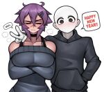  1boy 1girl absurdres anger_vein arm_around_shoulder bald black_choker black_hoodie bra_strap breasts choker collarbone commentary crossed_arms english_commentary english_text eyebrow_cut grey_sweater hair_between_eyes hair_ornament hairclip hand_in_pocket happy_new_year highres hood hoodie huge_breasts looking_at_viewer maya_(roadi3) no_mouth off-shoulder_sweater off_shoulder original purple_hair roadi3 scar scar_on_face scar_on_nose short_hair speech_bubble sweatdrop sweater v white_background 